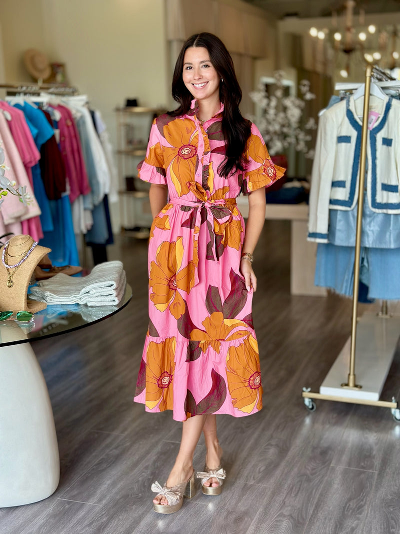 LR2220 pink floral short sleeve midi w belt