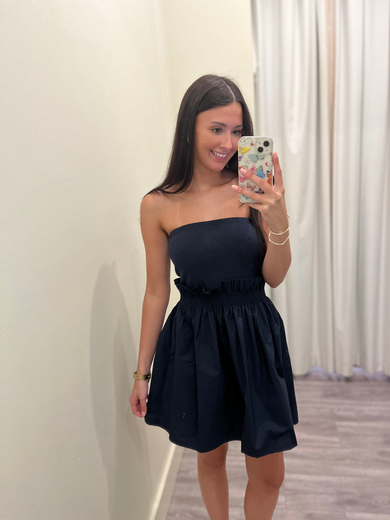 SU037 Strapless Navy Mixed Fabric Dress