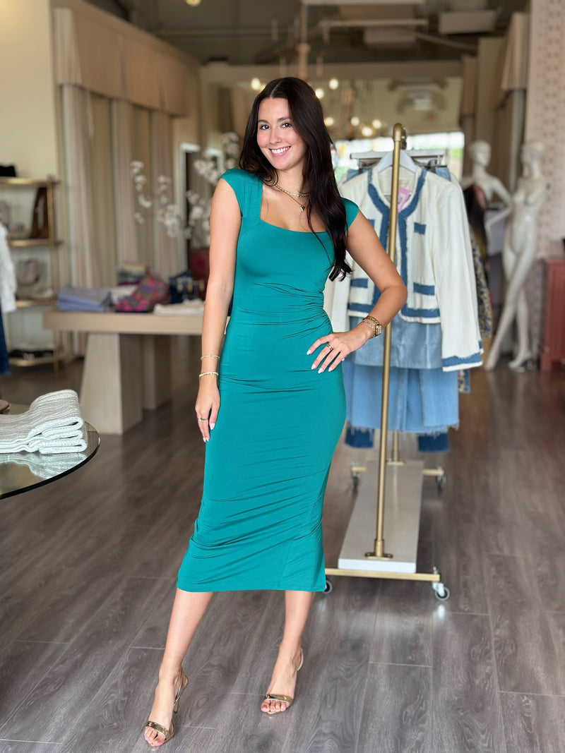 NO2429 emerald cap sleeve midi dress