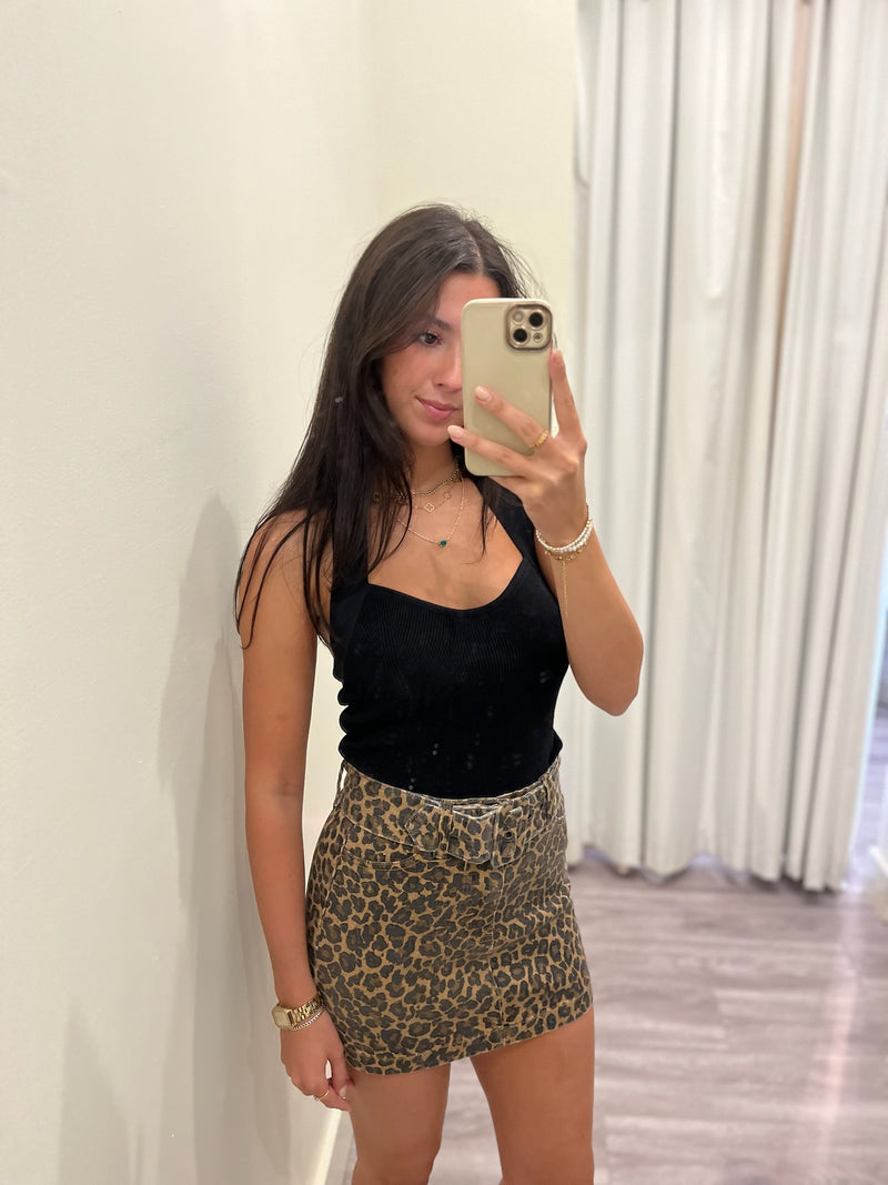 MU781 latte denim belted leopard skirt