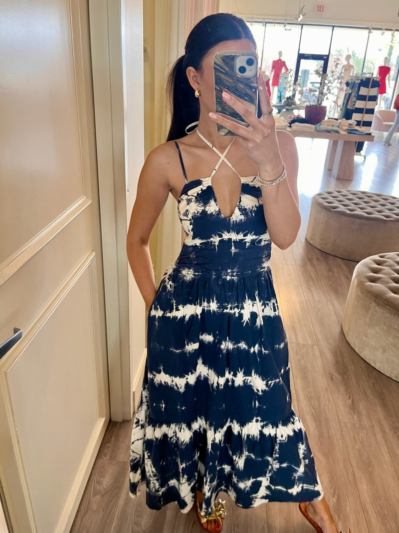 YFB3119 Navy Tie Dye Halter Maxi Dress