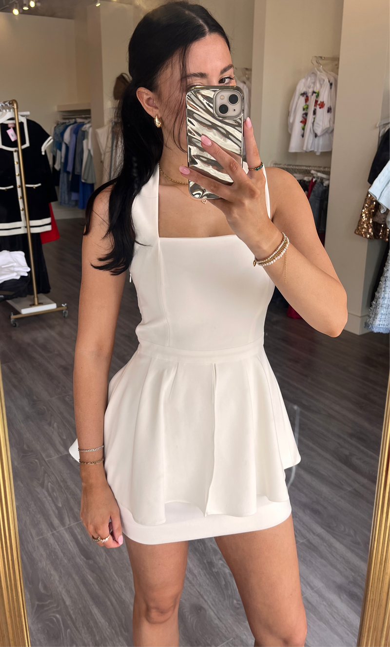 FC1YGD White Square Neck Peplum Mini Dress