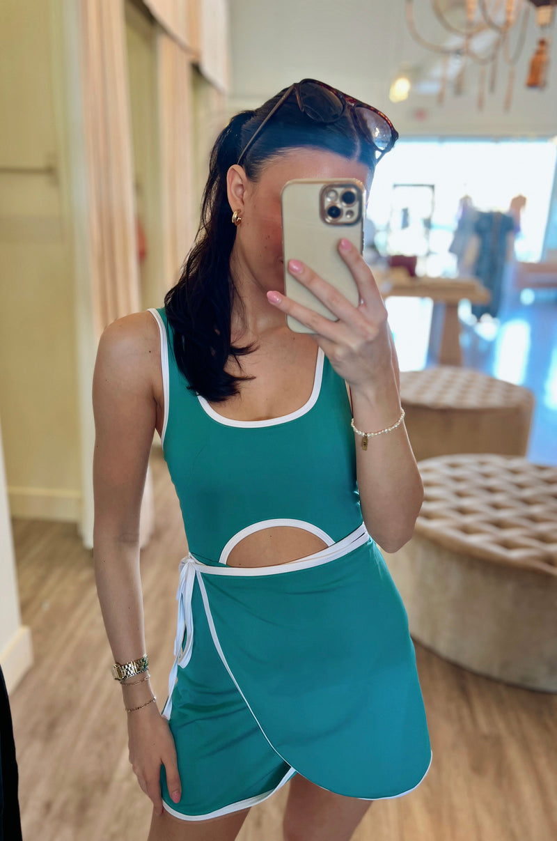 BR4125 Teal Cut-Out Tennis Dress w/ Shorts