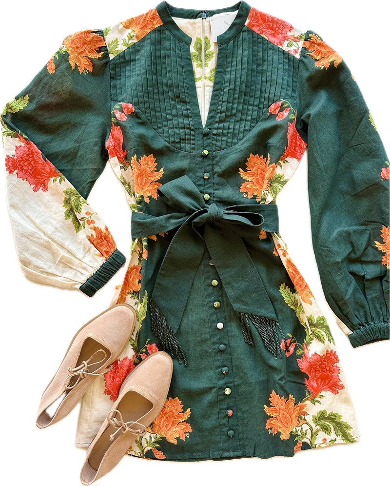 AC Dark Green/Orange Floral Belted Mini Dress