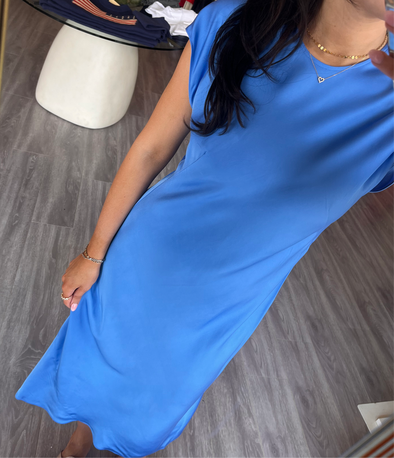 FC1YII Blue Silk Maxi Short Sleeve Dress