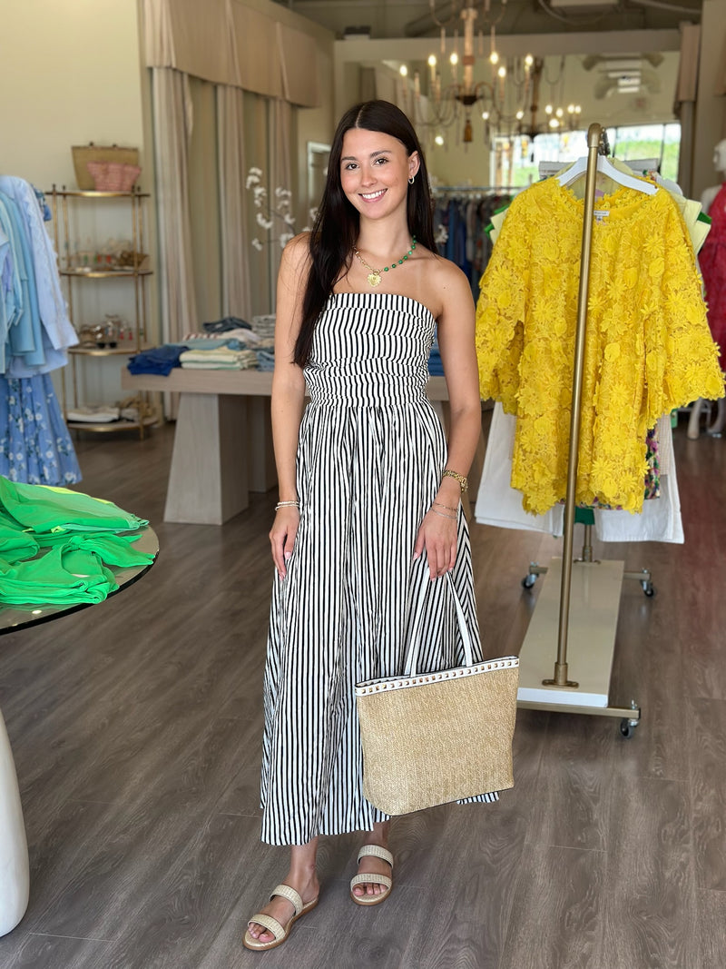 BT0690 black/white striped strapless midi