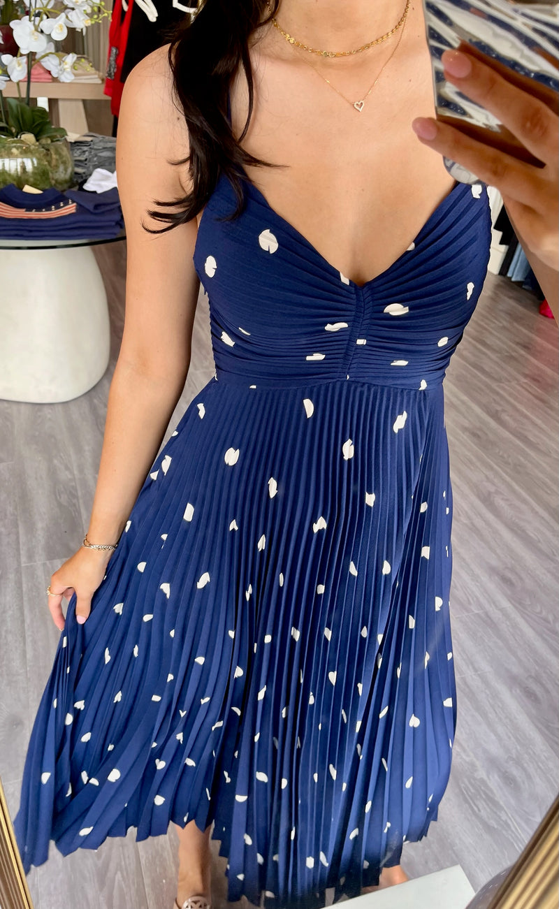 AS0873 Navy Polka Dot Pleated Midi Dress