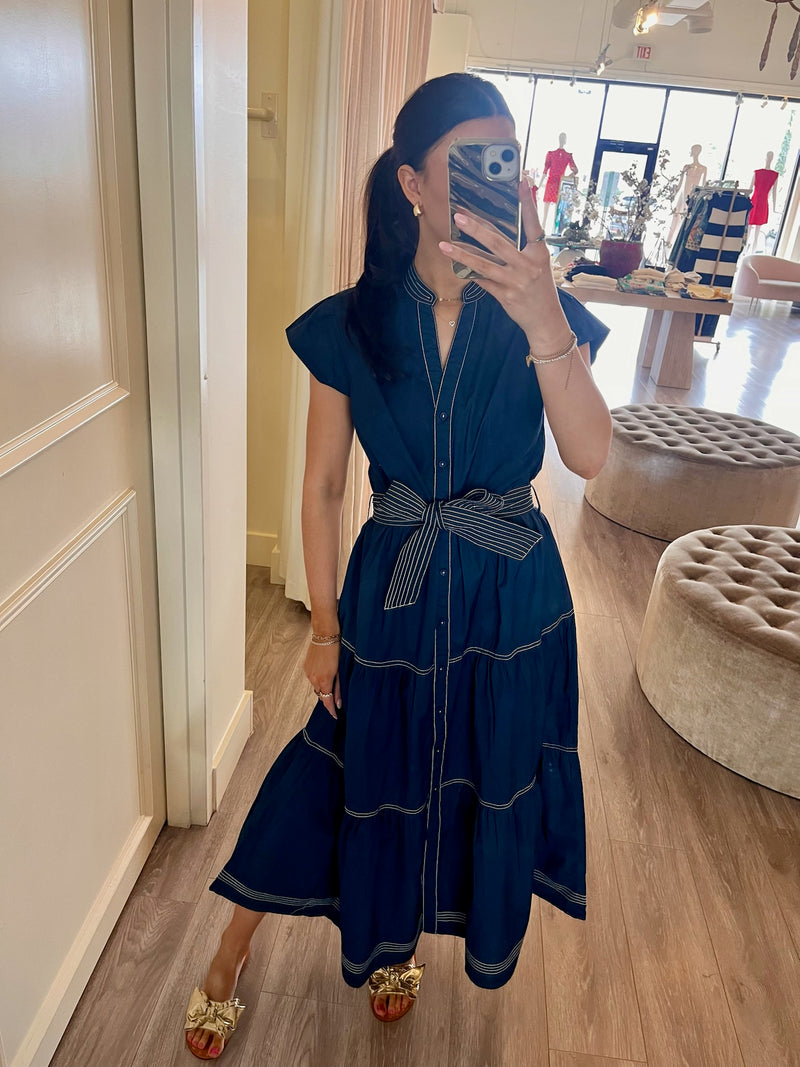 JS71 Navy/Brown Stitch Midi Dress