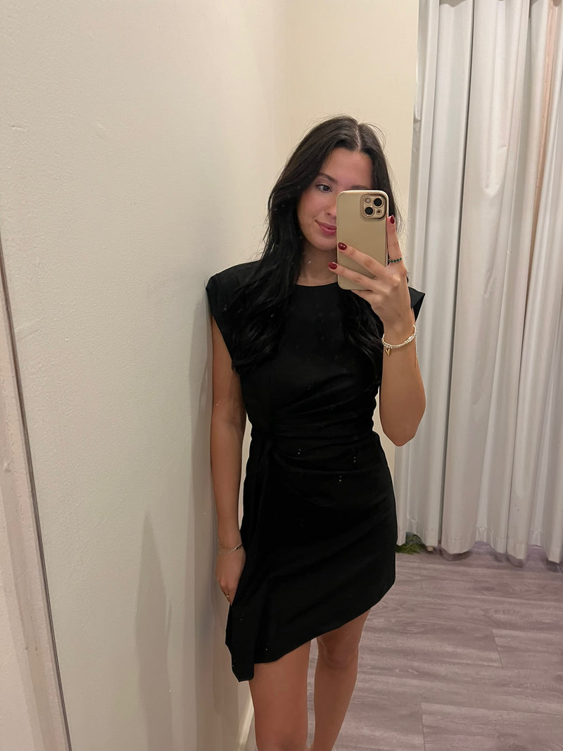 SM8248 Black gathered sleeveless mini dress