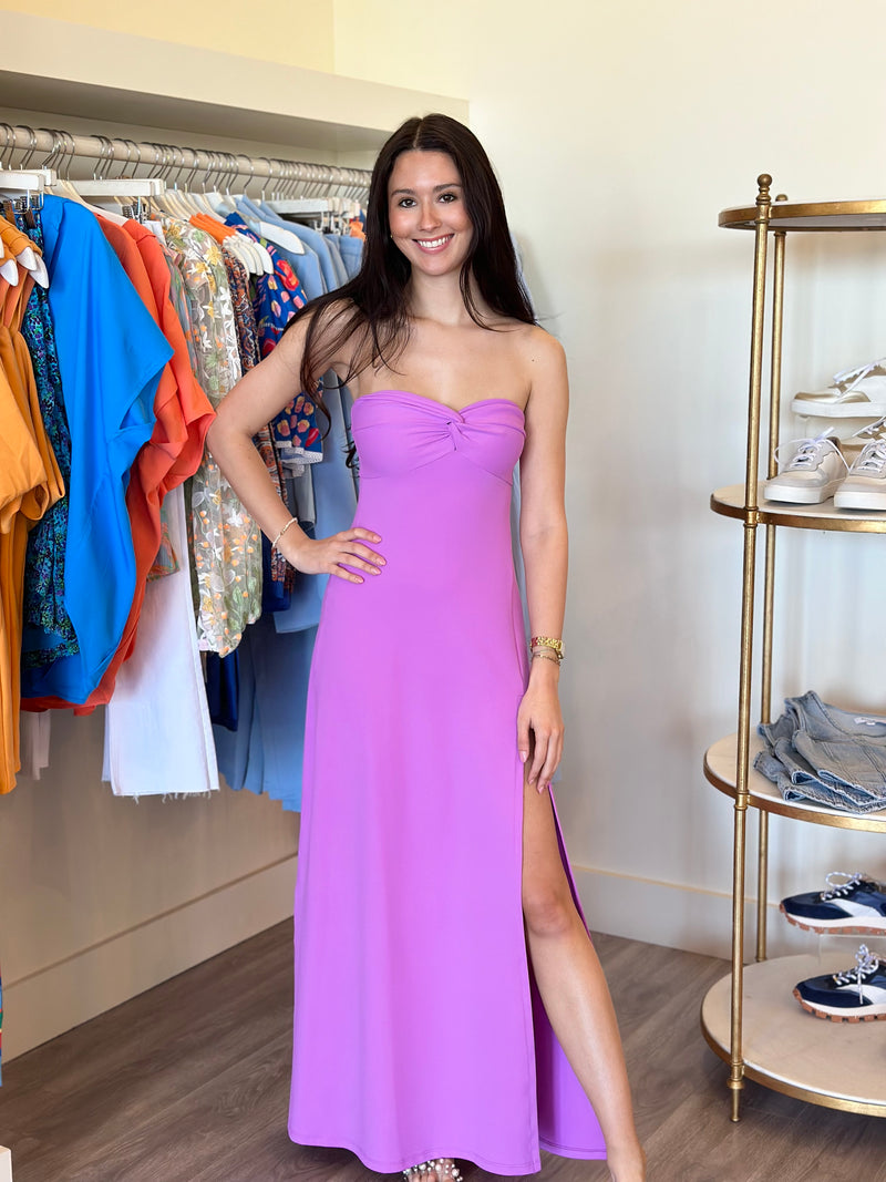 SM2045 Purple Twist Front Strapless Dress