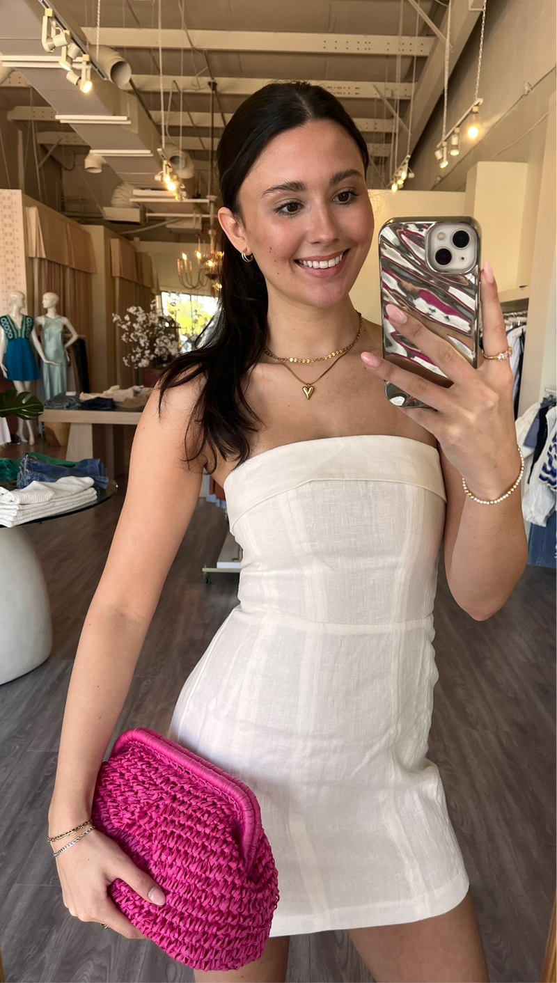 NL5055 White Linen Strapless Mini Dress