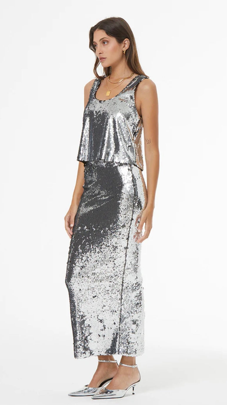 YFB2405 silver sequin maxi skirt